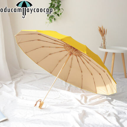 Ô dù cầm tay cao cấp 16 xương mạ vàng nhập khẩu chống UV vàng - kem